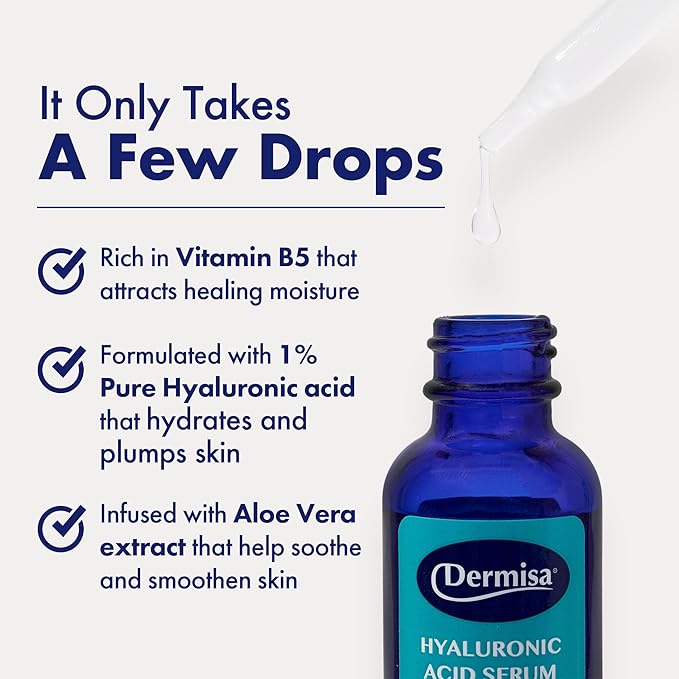 Dermisa Hyaluronic Acid Face Serum 1% Pure Hyaluronic Acid, Vitamin B5, Beta-Glucan | Intense Moisturizer For All Skin Types | Paraben & Fragrance-Free