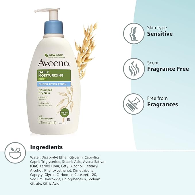 Aveeno Sheer Hydration Daily Moisturizing Fragrance-Free Lotion with Nourishing Prebiotic Oat, Fast-Absorbing Body Moisturizer for Dry Skin with Lightweight, Breathable Feel, 12 fl. oz (Pack of 2)