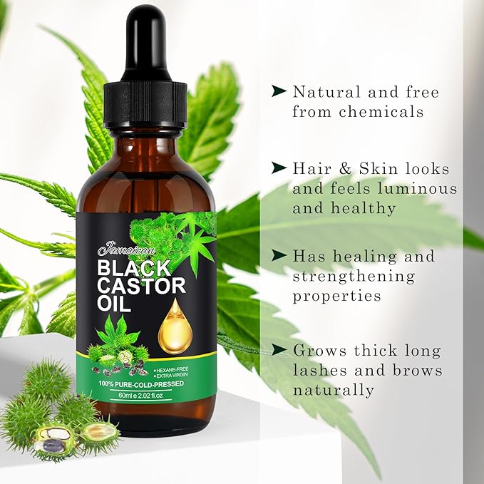 Jamaican Black Castor Oil 60ml - 100% Pure Black Castor Oil Organic Cold Pressed Unrefined for Hair Growth, Eyelashes, Eyebrows Thicker, Body & Face Skin Care Moisturizing Massage Oil