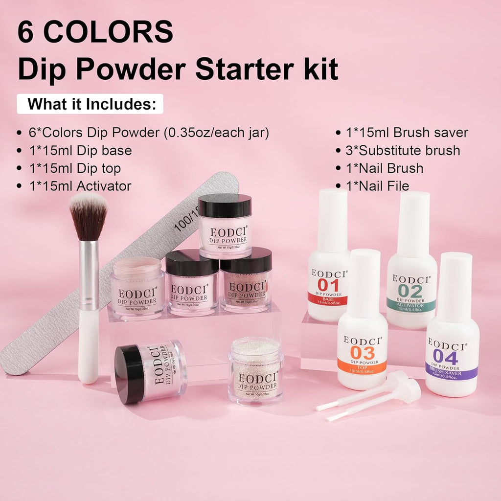 12 Pcs Dip Powder Nail Kit Starter, 6 Colors Glitter Pink Nude Sparkle Purple Dipping Powder Kit with Base & Top Coat/Activator/Brush Saver, Nail Art Dip Manicure Kits for Women