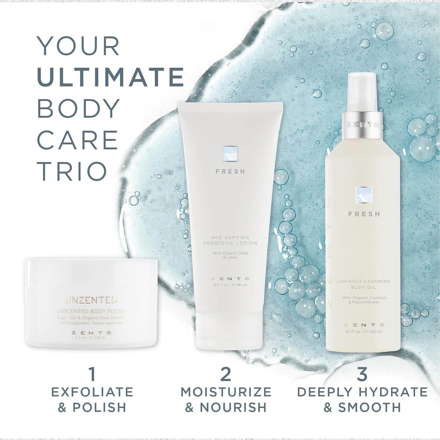 Zents Luminous Cashmere Body Oil (Fresh Fragrance) | Moisturizing Body Oil with Vitamin E & Organic Coconut Oil | Softens & Smooths Skin | 8 fl oz