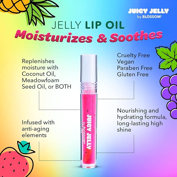 Blossom Juicy Jelly Moisturizing Lip Care Fruit Flavored Nourishing Lip Oil + pH Technology Color Changing Shimmering Lip Balm, 2 Pack Bundle, Strawberry/Electric Pink