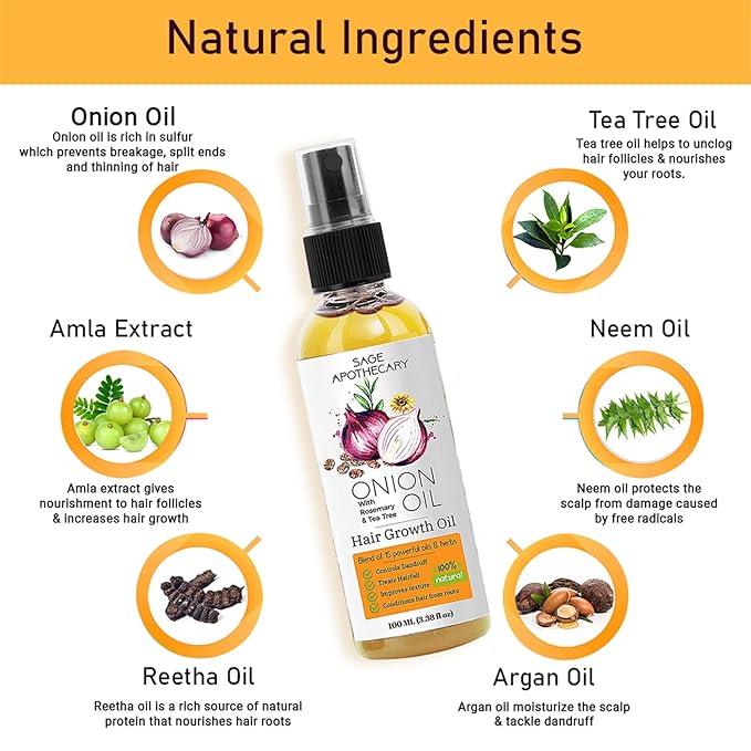 100% Natural Onion, Rosemary & Tea Tree Hair Oil for control hair fall and Dandruff | Silicon & Paraben Free- 100 ML