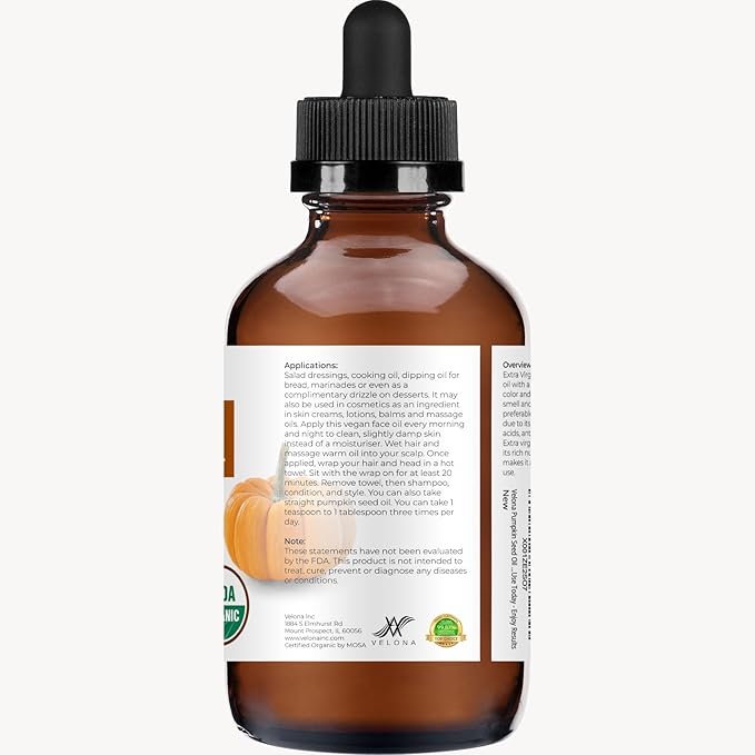 velona Pumpkin Seed Oil USDA Certified Organic - 4 Fl Oz | 100% Pure and Natural Carrier Oil | Unrefined, Cold Pressed | Cooking, Face, Hair, Body & Skin Care | Use Today - Enjoy Result