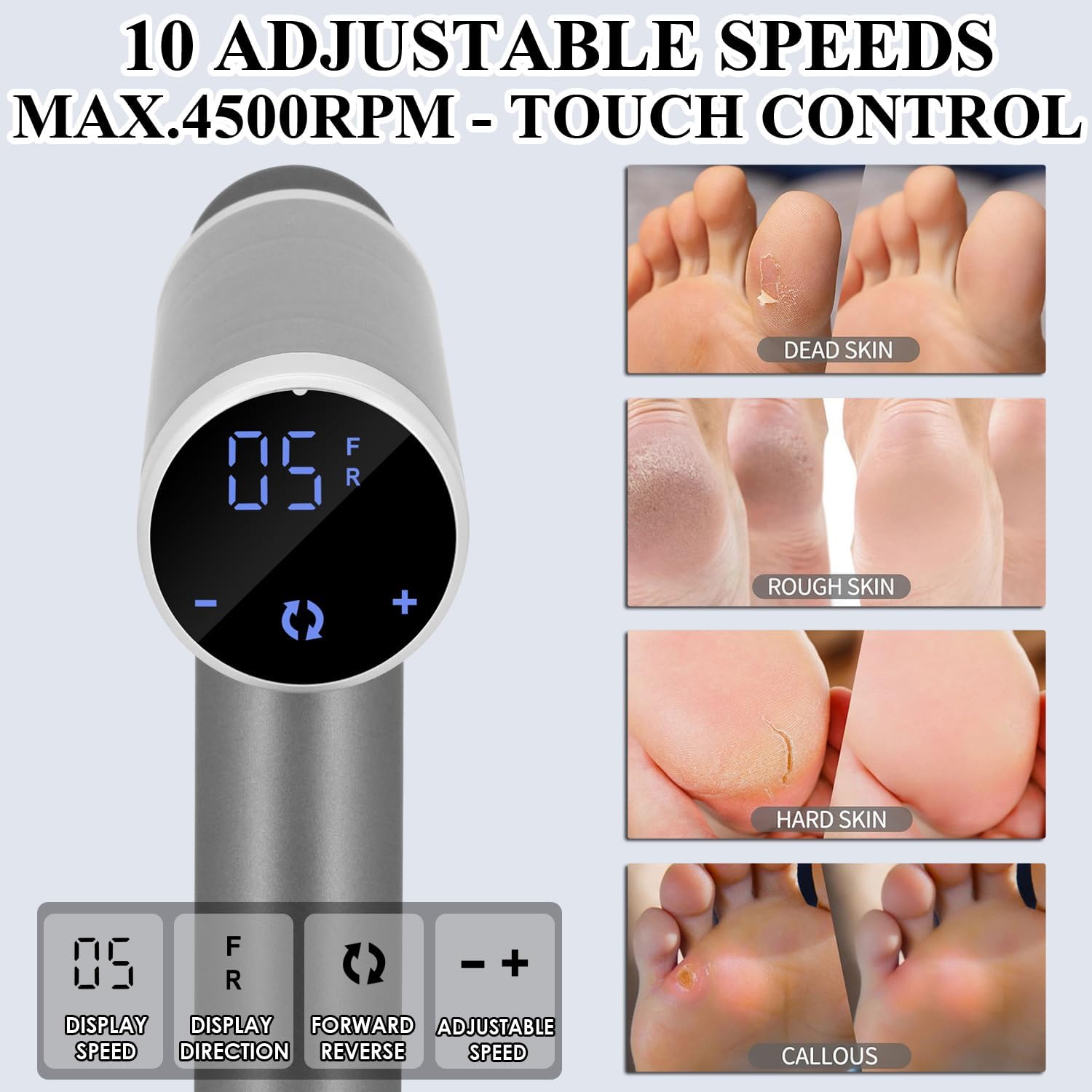 Upgraded Electric Callus Remover for Feet 4500rpm, Adjustable Speed Electric Foot Callus Remover Foot Sander Grinder Pedicure File for Women Men Dead Skin Cracked Heels (Gray)