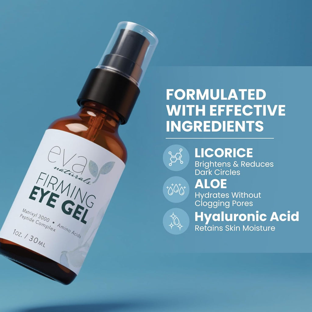 Eva Naturals Eye Gel for Dark Circles, Bags & Puffiness – Anti-Aging Serum with Peptides, Hyaluronic Acid & Botanicals – Firming Under Eye Treatment for Wrinkles, Fine Lines & Tired Skin – 1 oz