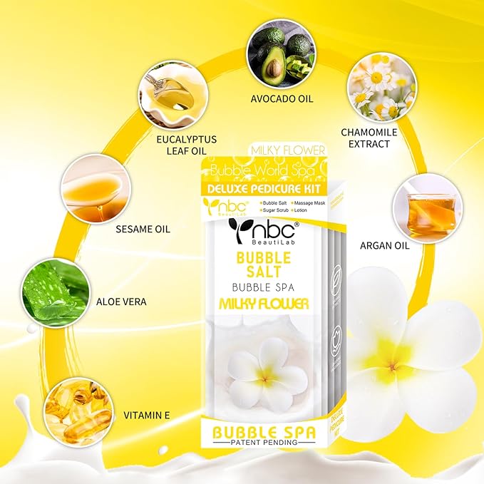 Pedicure Kit Foot Soak Set: Bubble Salt, Sugar Scrub, Massage Mask, Massage Lotion in a Box, 4 Step Foot Spa Kit for Dry Feet, Calluses and Tired Feet(1 Set Milky Flower)