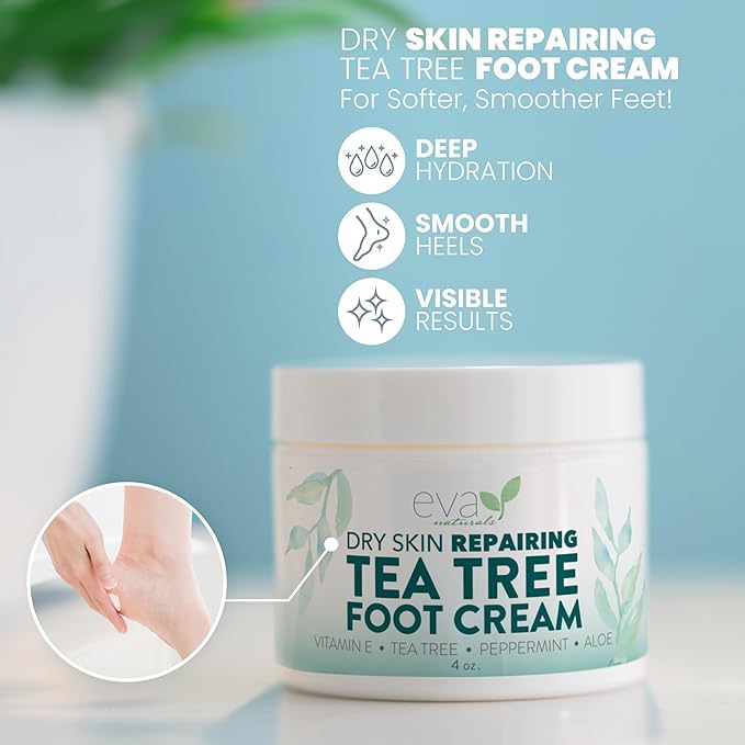 Eva Naturals Tea Tree Foot Cream - Foot Lotion with Peppermint, Menthol and Spearmint - Soothing Foot Cream Treatment for Dry Cracked Heels and Feet