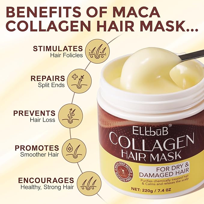 Collagen Hair Mask with Peruvian Ginseng, Avocado Oil, Marigold & Chamomile - Deep Repair Treatment for Dry, Damaged Hair - Restores Shine, Hydration & Strength - Suitable for All Hair Types