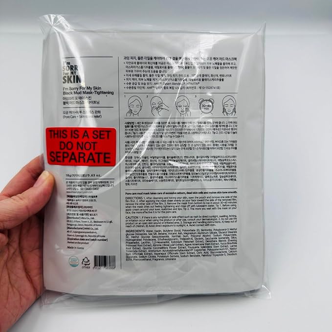 I'M SORRY FOR MY SKIN Bentonite Clay Mud Sheet Masks Set, Korean Skin Care, Exfoliating Face Masks with Volcanic Ash, Sebum Control, Pore Minimizer, Tightening, Soothing (Black 5pcs & Green 5pcs)