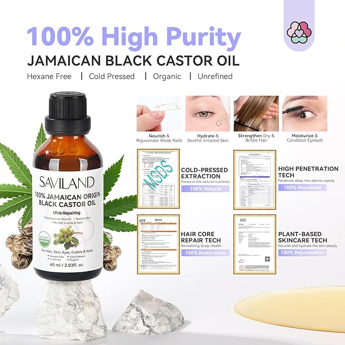SAVILAND Jamaican Black Castor Oil: 100% Pure, Organic, Unrefined for Hair, Eyebrow, Face, Skin, Body & Home Care