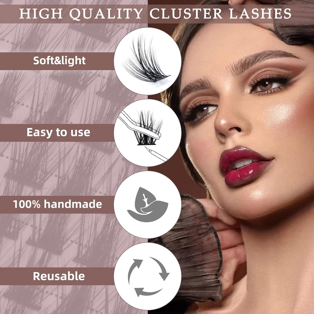 QUEWEL Cluster Lashes 72 Pcs Wide Stem Individual Lashes C/D Curl 8-16mm Length DIY Eyelash Extension False Eyelashes Fluffy02 Styles Soft for Personal Makeup Use at Home (Fluffy02-C-MIX8-16)