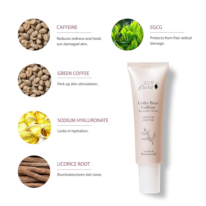 100% PURE Coffee Bean Face Serum EGCG, Licorice Root & Hyaluronic Acid Drops - Tighten, Brighten & Protect Daily Liquid Caffeine For Faded Skin - Ultimate Glow Skincare for Women & Men - 1.7 fl oz