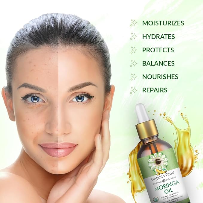 Organic Veda Moringa Oil - Pure Cold Pressed Organic Moringa Seed Oil - Natural Face Oil for Women, Moisturizing Hair Oil - Virgin Moringa Oleifera Oil for Skin, Body, Scalp Care & Nails - 1.7 fl.oz.