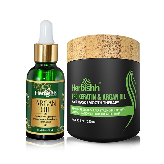 Herbishh H2 Combo (Condition + Hair Treatment) Pro Keratin Hair Mask 250 gm and Argan Oil for Hair 30ml for Men & Women | Combo for Dry, Weak & Frizz Hair