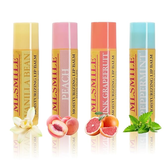Lip Balm 4-Pack - Stocking Stuffers & Christmas Gifts for Women Girls, Moisturizing Lip Care with Vitamin E & Natural Oils, 4 Flavor Variety (Vanilla, Peach, Grapefruit, Mint)