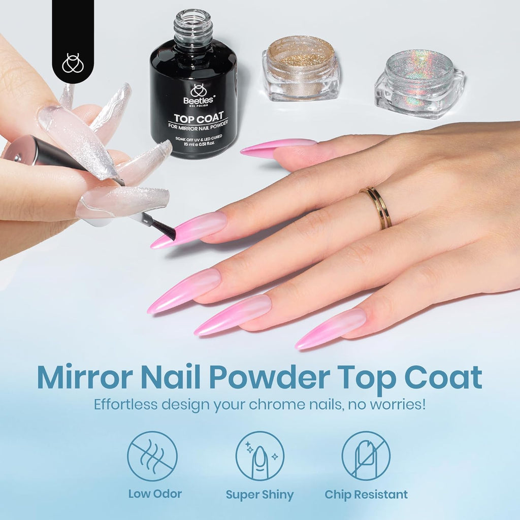 Beetles Halloween Gel Top Coat for Chrome Nail Powder: 15ml Mirror Shiny Chrome No Wipe Gloss Top coat Long Lasting Soak Off Nail Lamp for Nail Art Creation