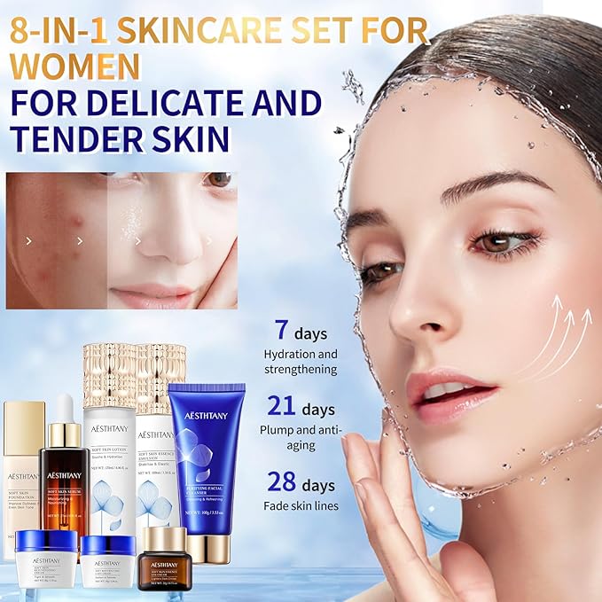 Anti-Aging Skin Care Kit For Women Anti-Wrinkle Firming Skin Care Daily Routine Rejuvenating 8-In-1 Skincare Sets Gift Sets
