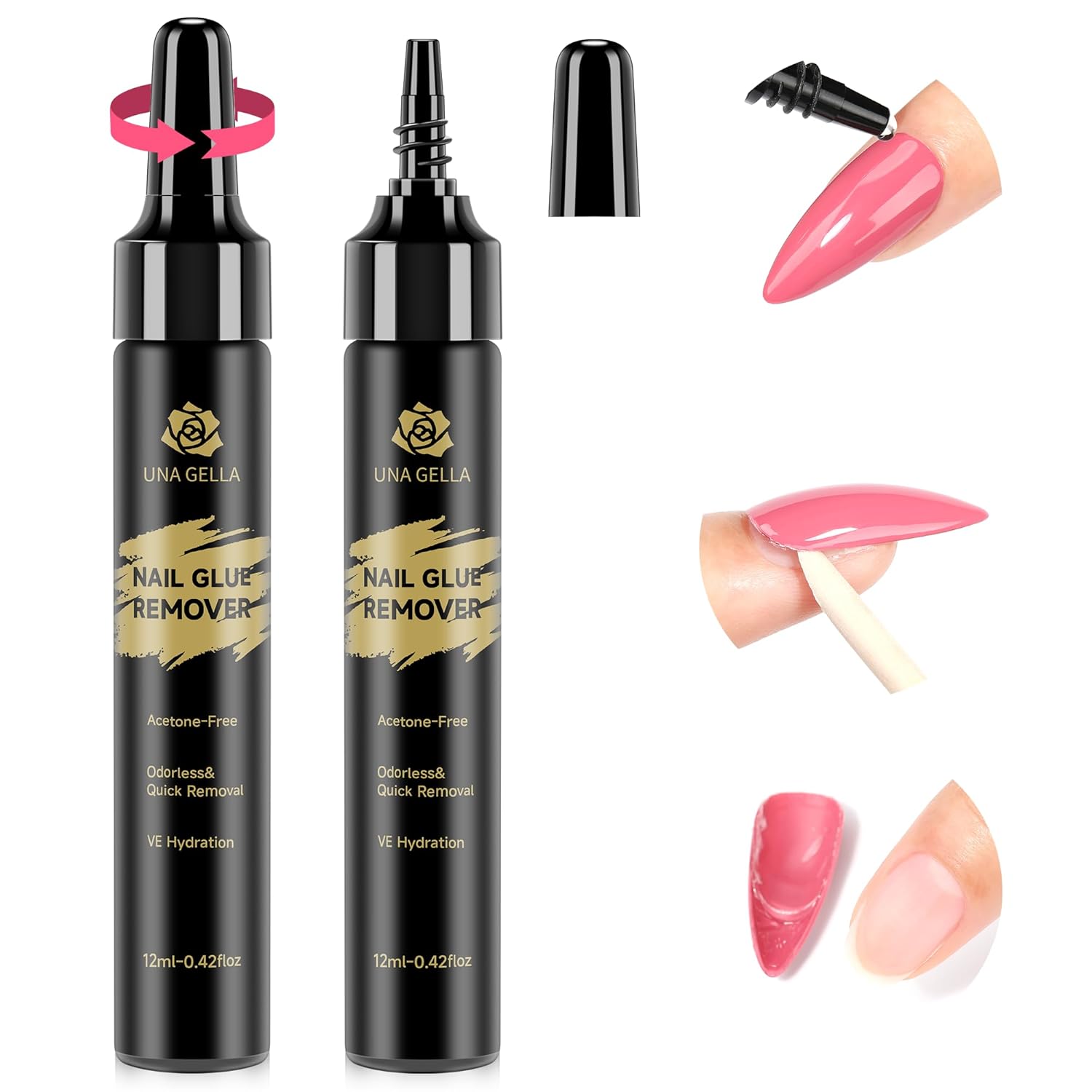 UNA GELLA Quick Removal Gel Nail Glue Remover for Press On Nails: Acrylic Nails Semi Solid Nail Glue Acetone-Free, Not for Gel Polish Base Coat Soak Off Remover Kit Drip Use, 12ml*2pcs