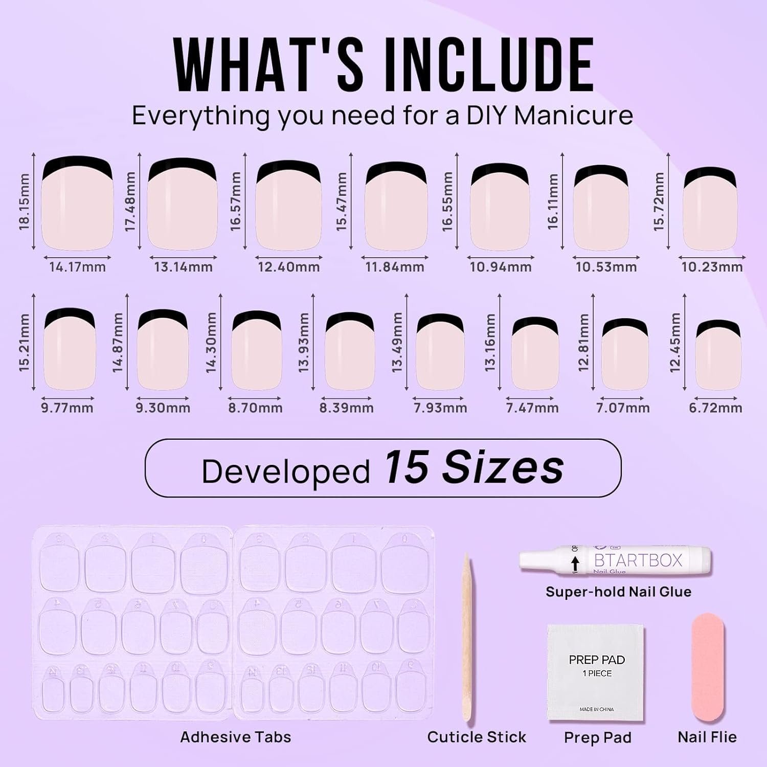 French Tip Press On Nails - BTArtbox Jelly Square Fake Nails with Nail Glue, Reusable Semi-Transparent Stick On Nails in 15 Sizes - 30PCS Soft Gel Glue On Nails Kit, Classic Black