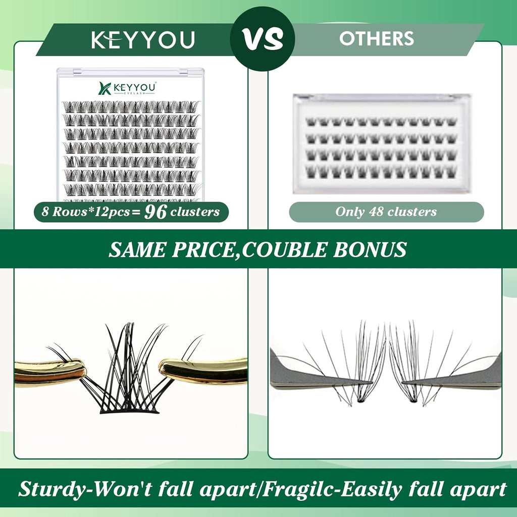 Lash Clusters,96 Pcs Cluster Lashes D Curl 16mm DIY Lash Extensions Eyelash Clusters,KEYYOU Volume Wispy Individual Lashes Soft&Comfortable Easy DIY at Home(Y09,D-16mm)