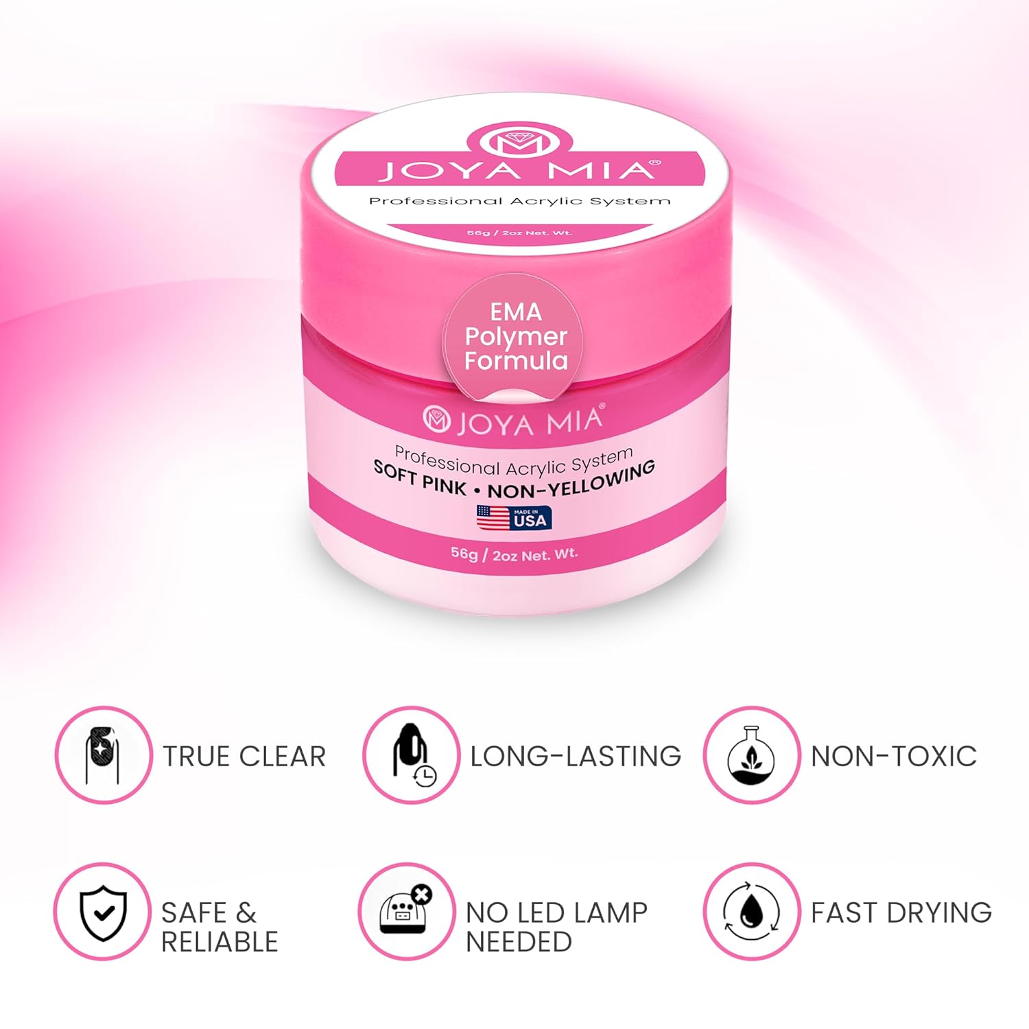 Joya Mia Acrylic Powder for Nails, MMA-Free, Super Adhesion Professional Powder for Flawless & Long-Lasting Nail Enhancements, Easy Application, Vibrant & Stunning Colors - Soft Pink, 2 oz