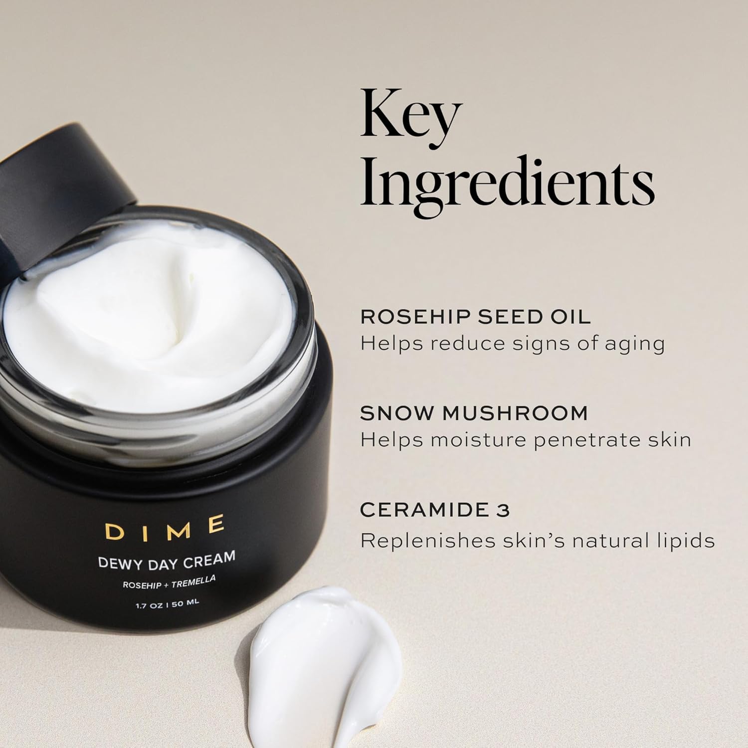 Dime Beauty Dewy Day Cream, Morning Face Moisturizer with Rosehip Oil and Tremella Snow Mushroom, 1.7 oz / 50 ml