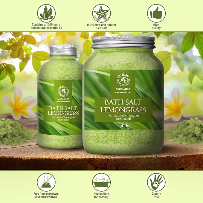 Bath Salts w/Natural Essential Lemongrass Oil 21.16 oz - Sea Salt Bath for Good Sleep - Bathing - Body Care - Wellness - Beauty - Relaxation - Aromatherapy - Spa - Bath Supplement