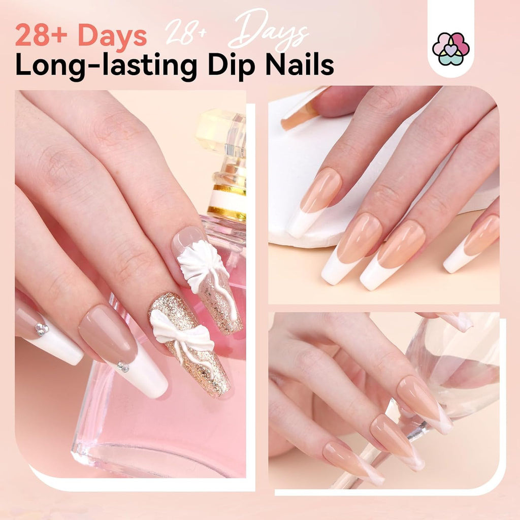 SAVILAND Dip Powder Nail Kit Starter with Nail Tips - 4 Colors with French Tips & Keratin Formula, Brown Nude Clear Dipping Powder No U V Lamp Needed for Home Manicure (10ml x4 Dip Liquids + Tools)