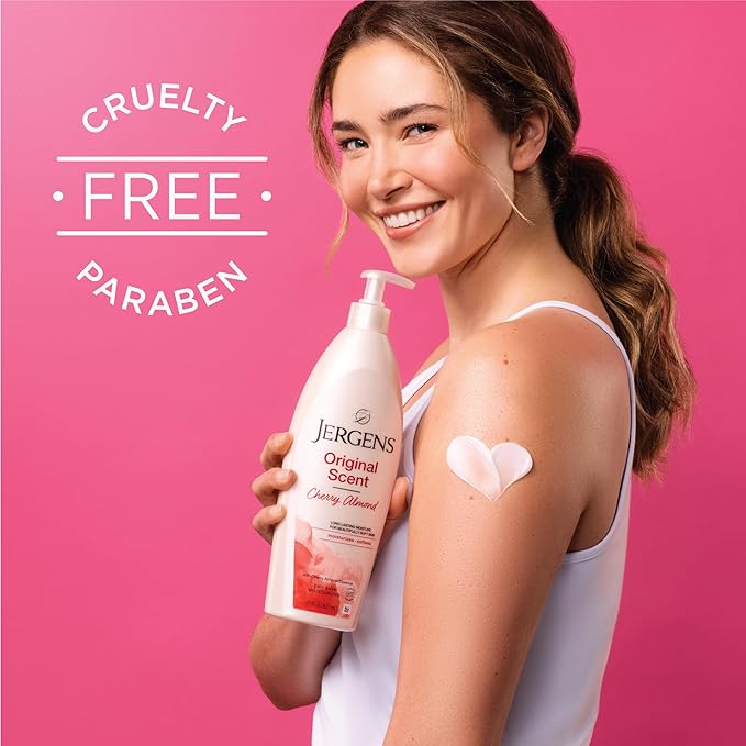Jergens Original Scent Dry Skin Body Lotion, Hand and Body Moisturizer, Cherry Almond Essence, Dermatologist Tested, 32 Oz