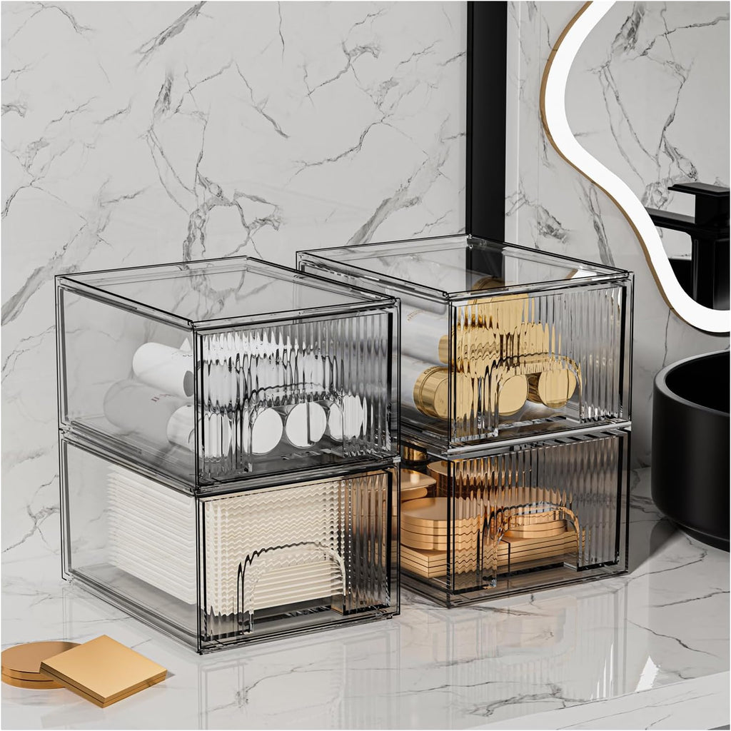 ZHIAI 4 Pack Clear Stackable Storage Drawer, Acrylic Drawer, Cosmetic Organizer, Plastic Organizer for Dresser, Under, Kitchen Cabinet, Pantry, Home Organization and Storage