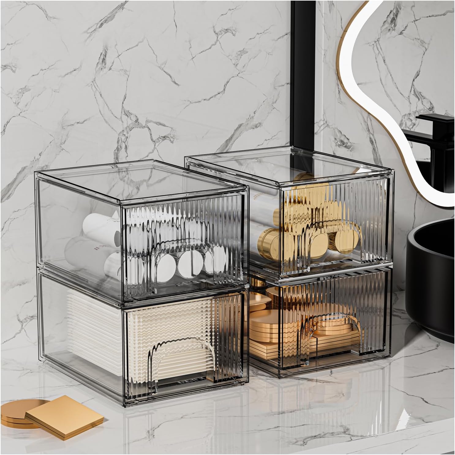 ZHIAI 4 Pack Clear Stackable Storage Drawer, Acrylic Drawer, Cosmetic Organizer, Plastic Organizer for Dresser, Under, Kitchen Cabinet, Pantry, Home Organization and Storage