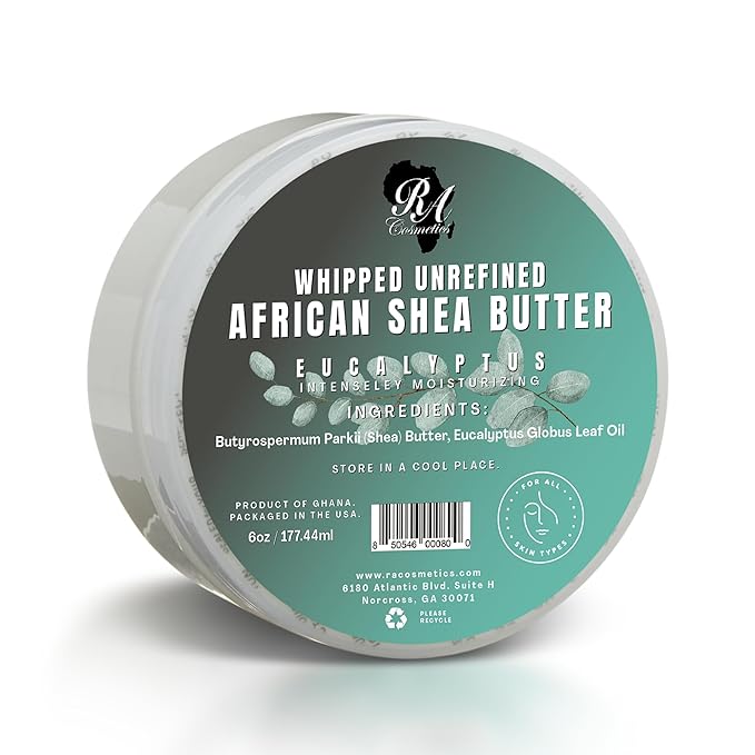 RA COSMETICS Whipped Shea Butter Eucalyptus – 6oz | 100% Pure and Natural African Shea Butter for Men & Women - Ultimate Handcrafted Moisturizer with Essential Vitamins for Radiant Skin & Hair