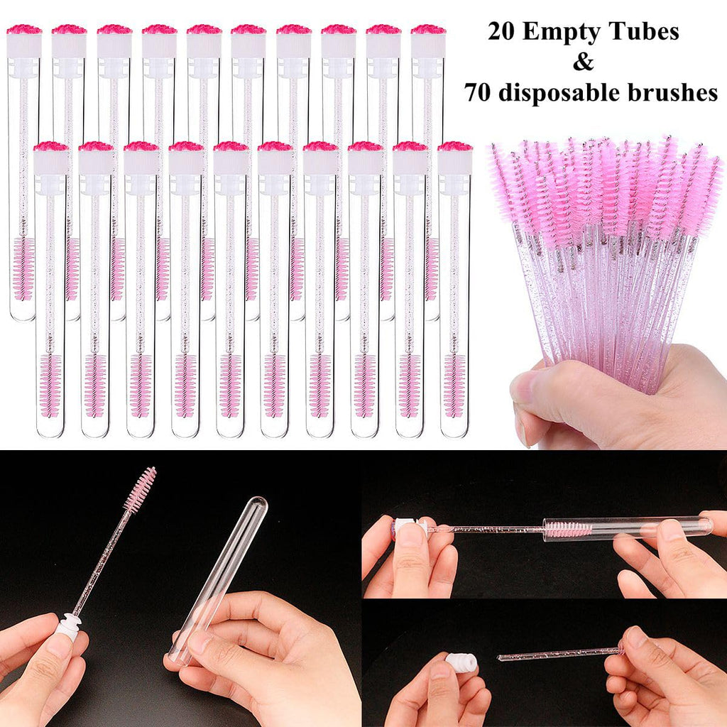 Mascara Wand Brushes Tubes Set-70 Pieces Disposable Eyelash Brushes Replacement with 20 Pieces Empty Container Tubes for Eyelash Extension Lash (Pink Diamond)