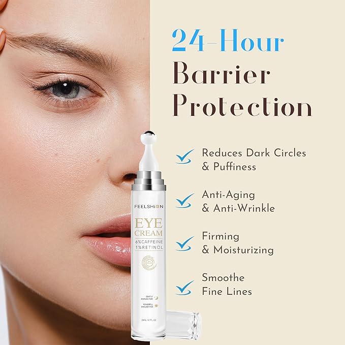 6% Caffeine + 1% Retinol Eye Cream for Dark Circles, Puffy Eyes & Bags | 360° Massage Ball for Fine Lines | Collagen & Centella | Anti-Aging Under Eye Care for Sensitive Skin Men & Women(0.7fl.oz)