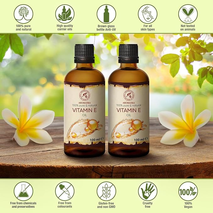 Vitamin Oil E 200ml - Tocopherol - 100% Natural & Pure - Rich in Vitamin E - Anti Aging Oil Against Wrinkles of All Kinds - Care for Face - Body Care - Hair - Ideal for Sensitive Skin, 2 bottles of 100 ml