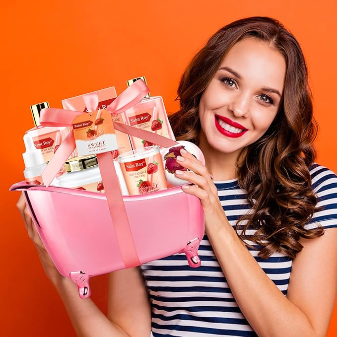Mother's Day Gifts for Mom SPA Gifts for Her Gift Baskets for Women, Spa Gifts for Mom Strawberry Scent - Rich in Jojoba Oil Shea Butter with Body Lotion, Bath Bomb, Care Package, Birthday Gift