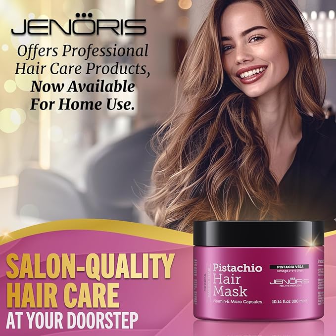 Jenoris Pistachio Hair Mask for Dry Damaged Hair – Deep Conditioning Hair Mask Treatment with Pistachio Oil & Vitamin E, For Color-Treated Hair, For Hair Repair, Paraben & Salt Free, 10.14 Fl Oz
