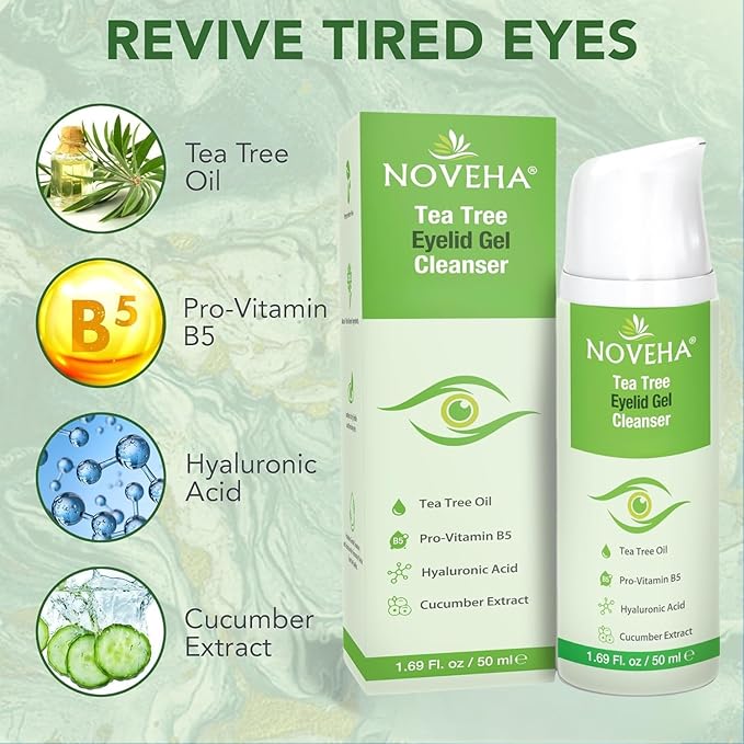 NOVEHA Tea Tree Eyelid Gel Cleanser - for Blepharitis, MGD, and Dry Eye with Pro-Vitamin B5, Hyaluronic Acid, and Cucumber Extract - Gentle Cleansing, Soothes Itchy Eyelid and Burning Eyes - 50mL