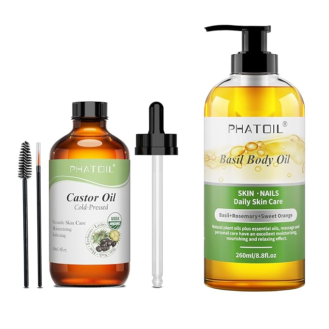 Castor Oil Organic Cold Pressed 118ML and Basil Body Oil 260ML