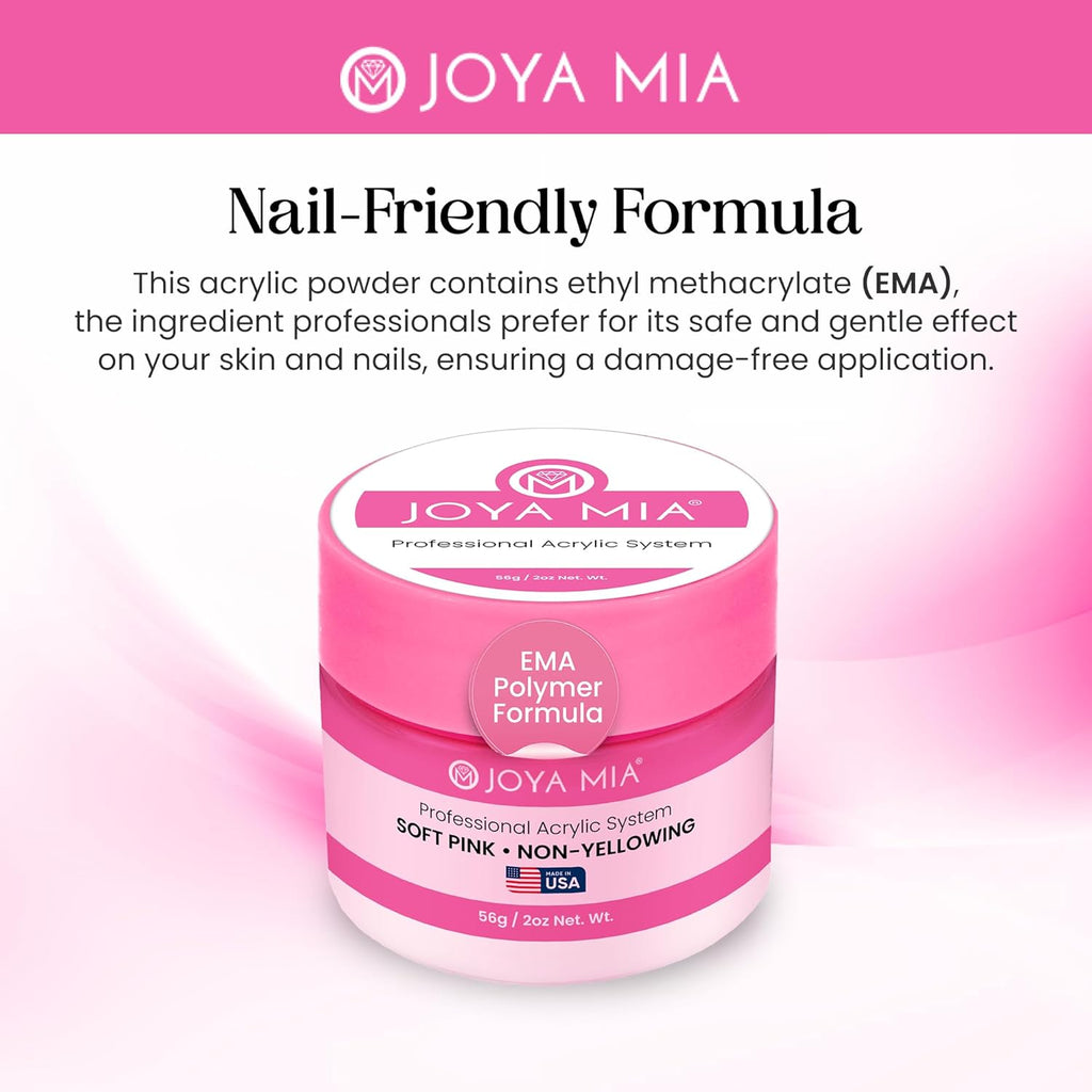 Joya Mia Acrylic Powder for Nails, MMA-Free, Super Adhesion Professional Powder for Flawless & Long-Lasting Nail Enhancements, Easy Application, Vibrant & Stunning Colors - Soft Pink, 2 oz