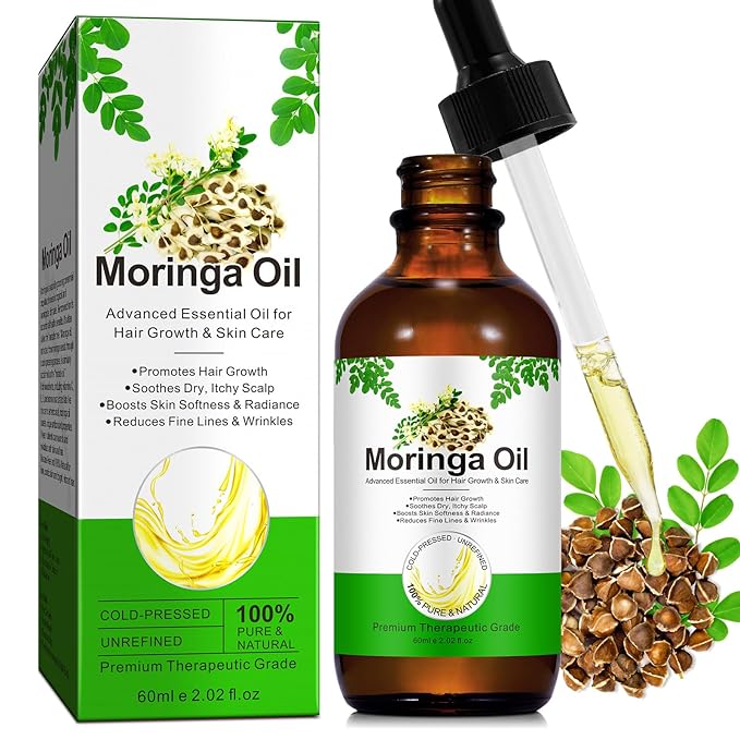 Premium Organic Moringa Oil Cold Pressed,Moringa Oil Unrefined for Hair & Skin Lightweight Face Oil, Natural Moisturizer in Glass Bottle 60ml
