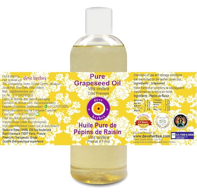 Deve Herbes Pure Grapeseed Oil (Vitis vinifera) 100% Natural Therapeutic Grade Cold Pressed 200ml (6.76 oz)