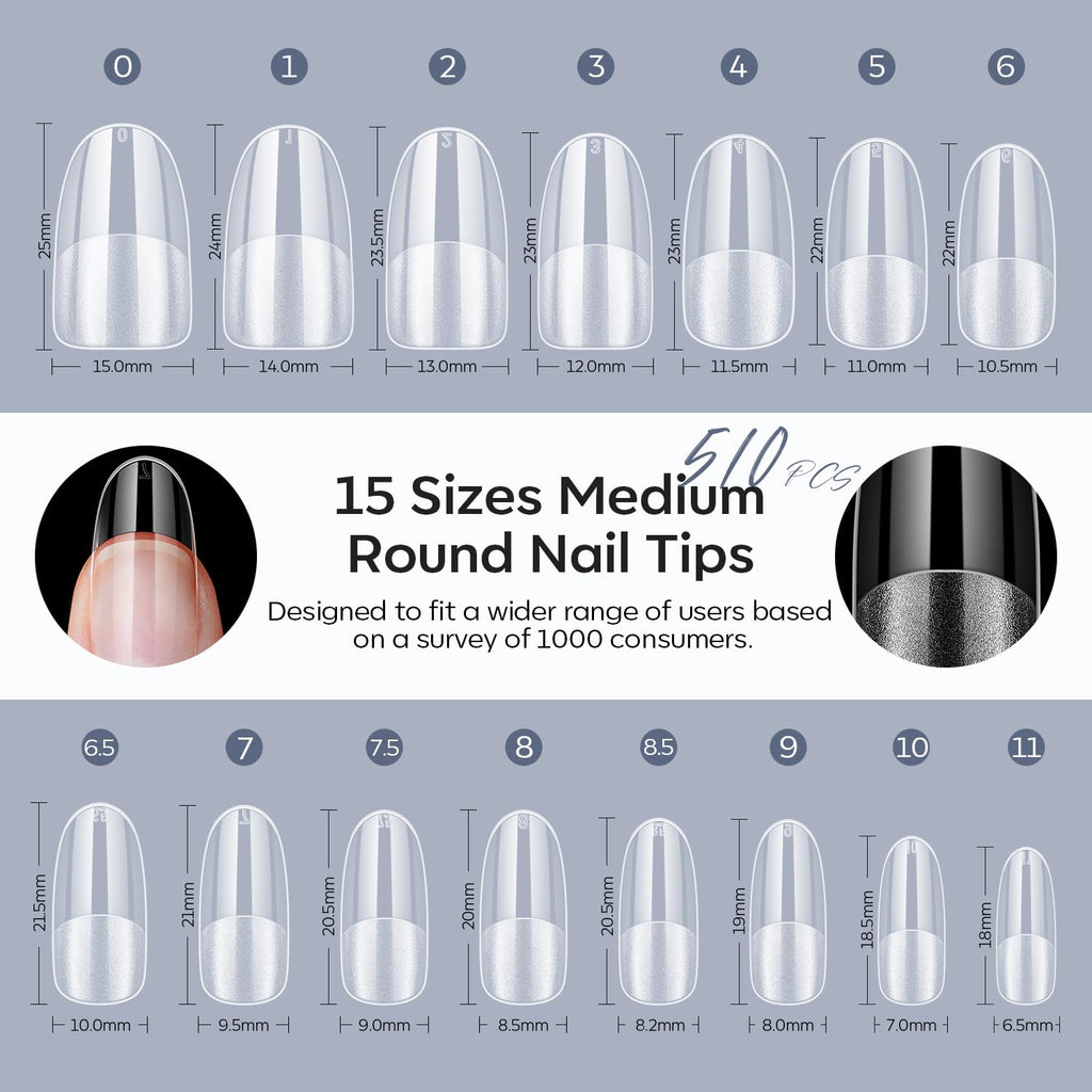 Modelones Medium Round Oval Fake Nail Tips - 510Pcs Gel Tips Pre-shaped Half Matte Full Cover Clear Acrylic Gel Kit False Press on Nails for Extension DIY Salon 15Sizes
