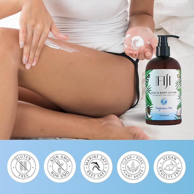Coco Fiji Face & Body Lotion Infused With Coconut Oil | Lotion for Dry Skin | Moisturizer Face Cream & Massage Lotion for Women & Men | Fragrance Free 12 oz, Pack of 3