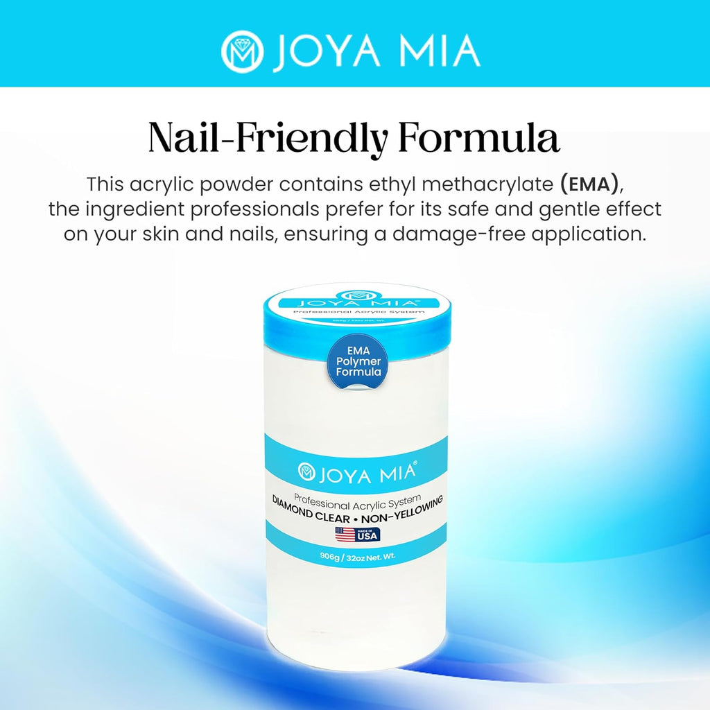Joya Mia Acrylic Powder for Nails, MMA-Free, Super Adhesion Professional Powder for Flawless & Long-Lasting Nail Enhancements, Easy Application, Vibrant & Stunning Colors - Diamond Clear, 32 oz