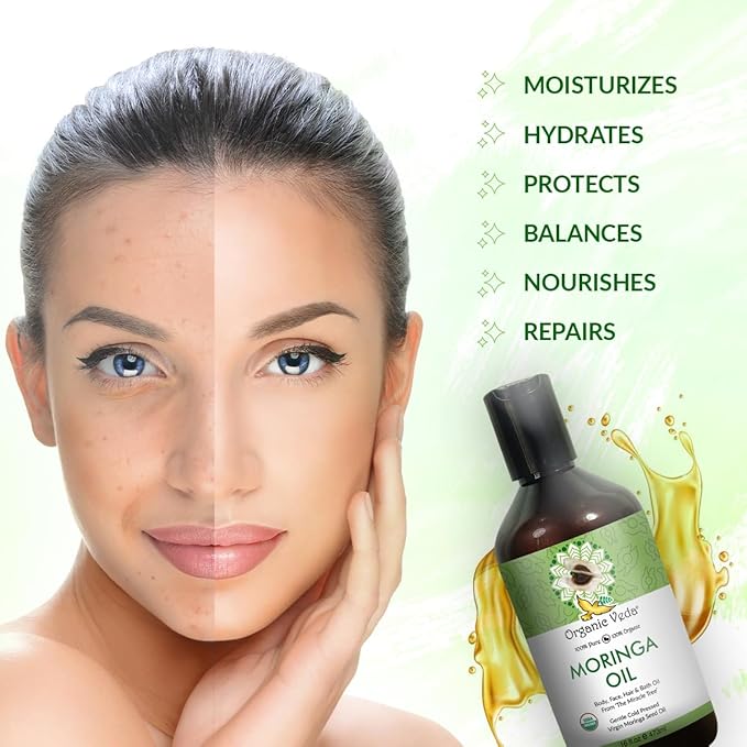 Organic Veda Moringa Oil - Pure Cold Pressed Organic Moringa Seed Oil - Natural Face Oil for Women, Moisturizing Hair Oil - Virgin Moringa Oleifera Oil for Skin, Body, Scalp Care & Nails - 16 fl.oz