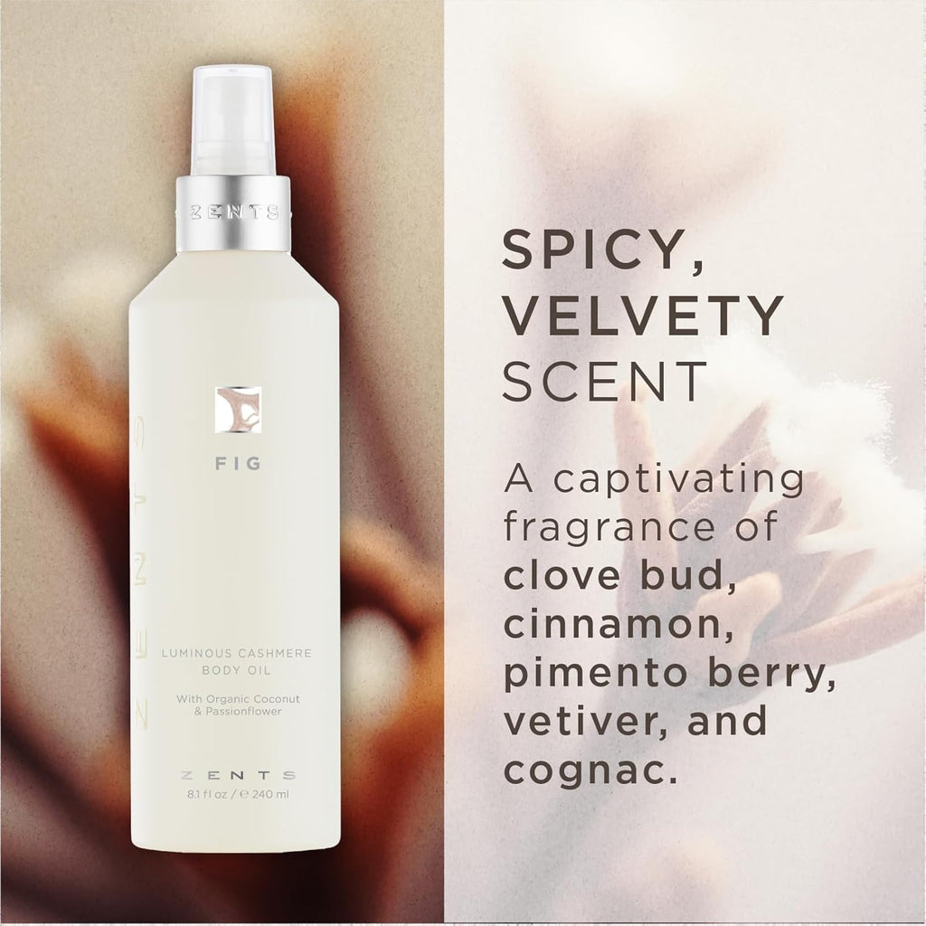 Zents Luminous Cashmere Body Oil (Fig Fragrance) | Moisturizing Body Oil with Vitamin E & Organic Coconut Oil | Softens & Smooths Skin | 8 fl oz