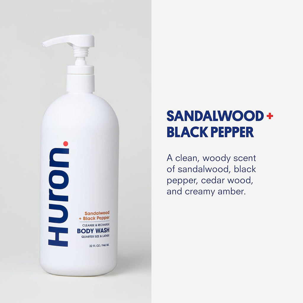 Huron Men’s Moisturizing Body Wash - Clean & Woody Scent of Sandalwood, Black Pepper, Cedarwood, & Amber - Made With Coconut Oil, Vitamin E & Witch Hazel - Vegan, Cruelty-Free - 30.3 fl oz