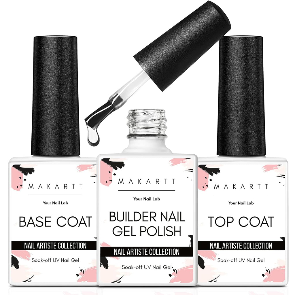 Makartt 3Pcs Builder Nail Gel with Top and Base Coat, Clear Gel Builder Kit for Nails Apex Building Thickening Strengthener Extension Rhinestone in a Bottle, UV Light Lamp Required